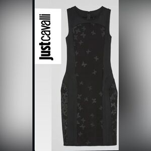 JUST CAVALLI BLACK BUTTERFLY PRINT SHEATH DRESS Sz 38 US XS